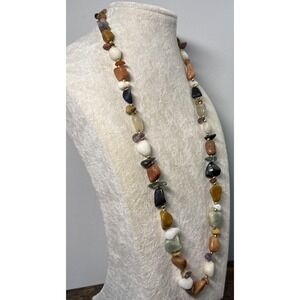 VTG Natural Gemstone Necklace 29" Amethyst Agate Quartz Stone Boho Hippie